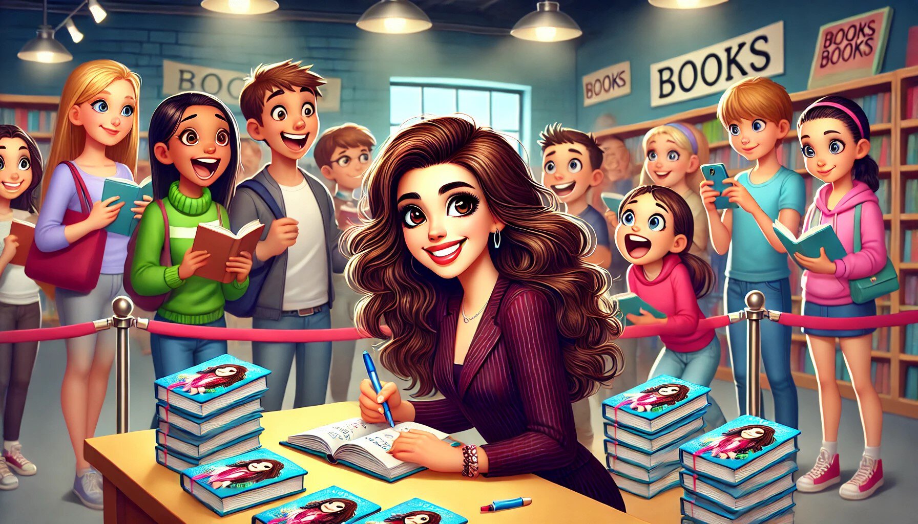 Cartoon image of an author signing books in a bookstore surrounded by smiling young people
