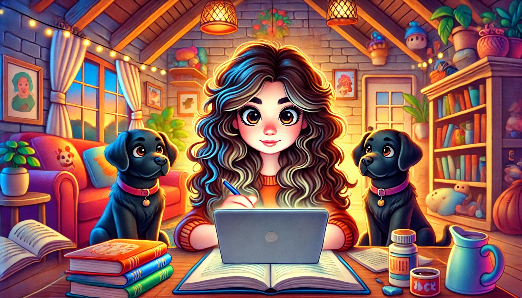 cartoon image of an author typing and writing in a cozy shed with two black labs looking on