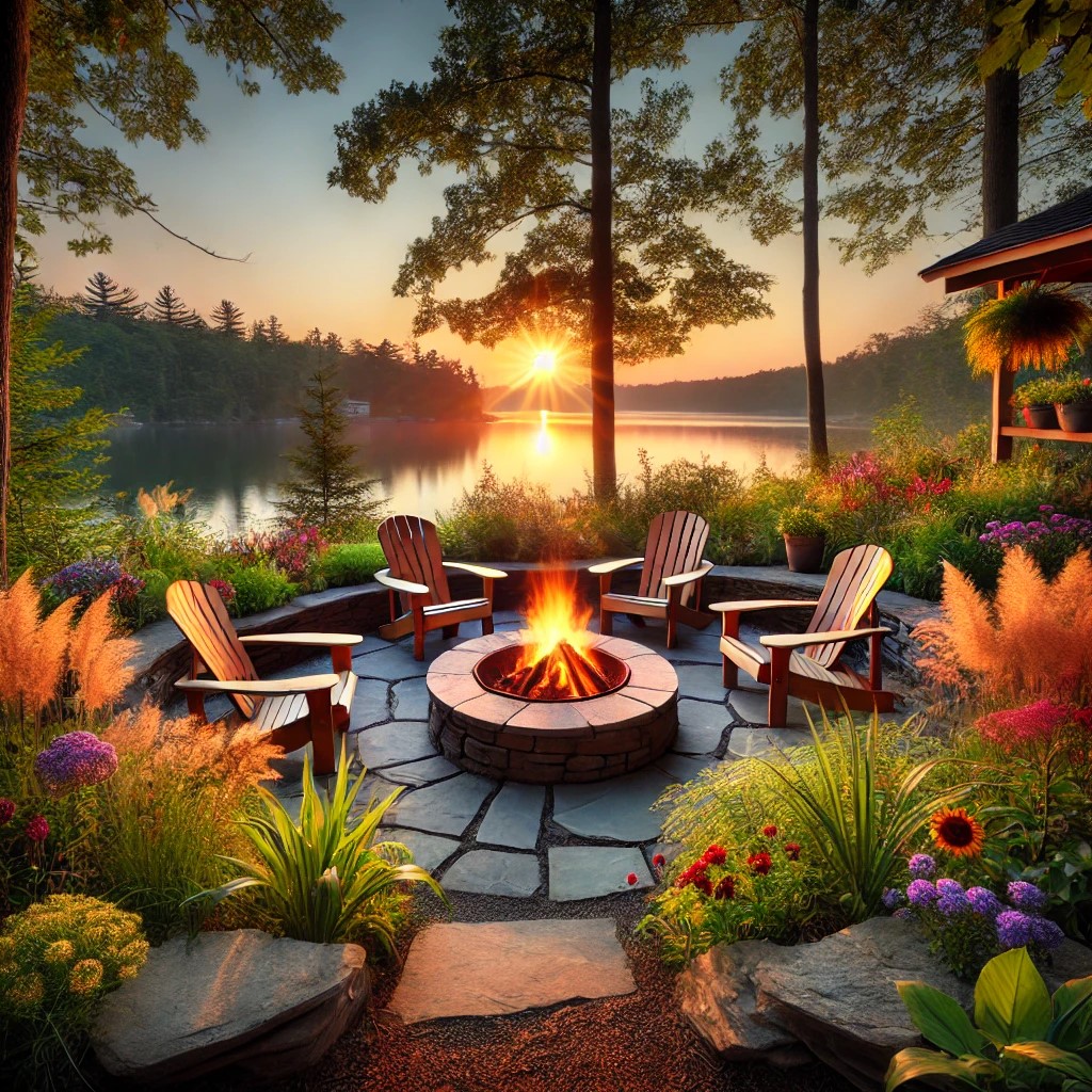 Picturesque image of fire pit and chairs on a lakefront property at dusk