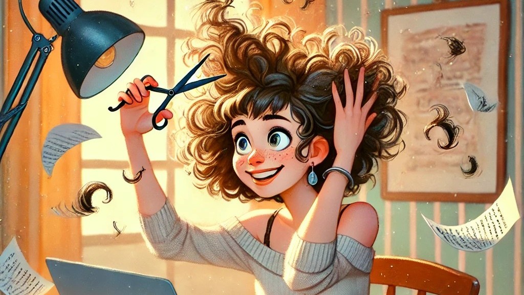 Woman cutting her own bangs while writing the first draft of her novel